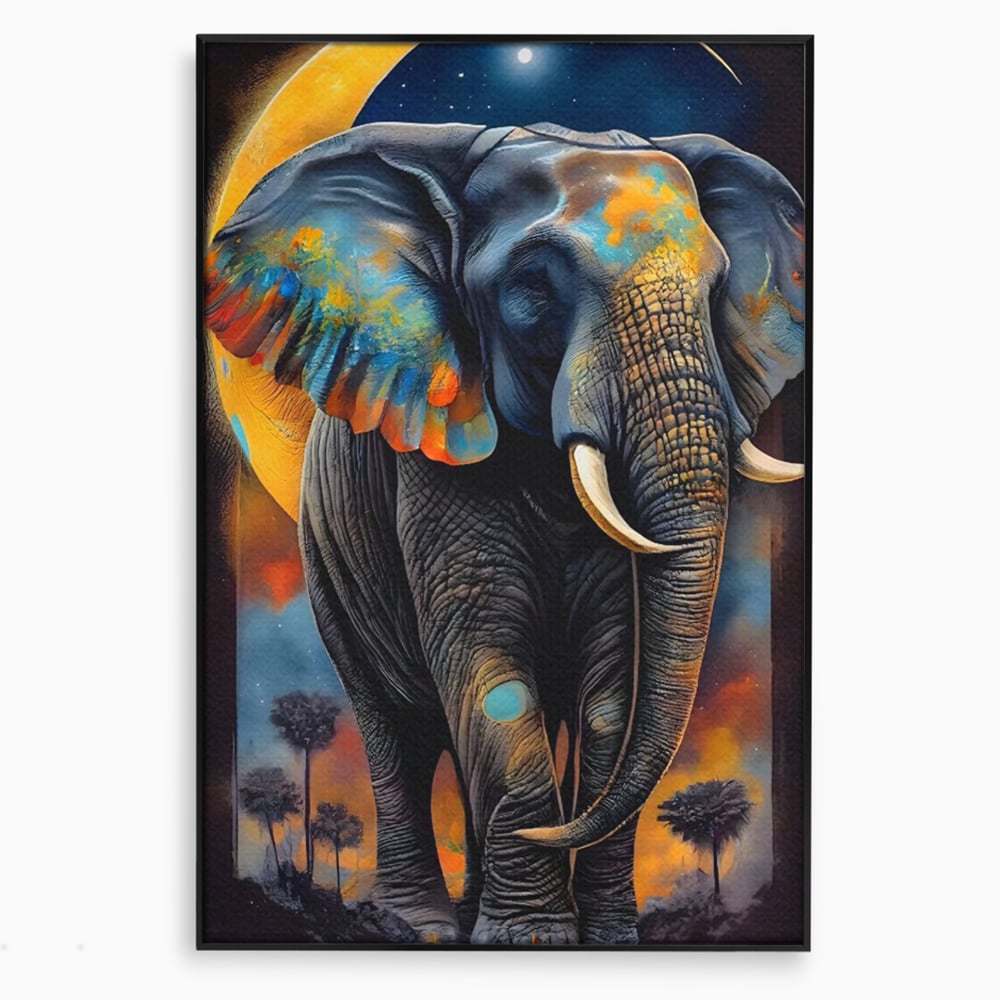 Tablou canvas cu tablou canvas cu elefant colorat si luna, in rama de aluminiu negru